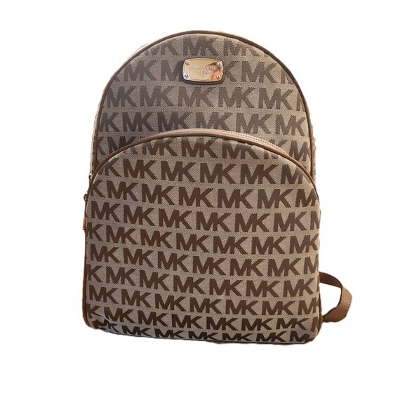 MICHAEL KORS Abbey MK Signature Jacquard MD Zip Backpack Bag Beige Ebony Java - Picture 1 of 11